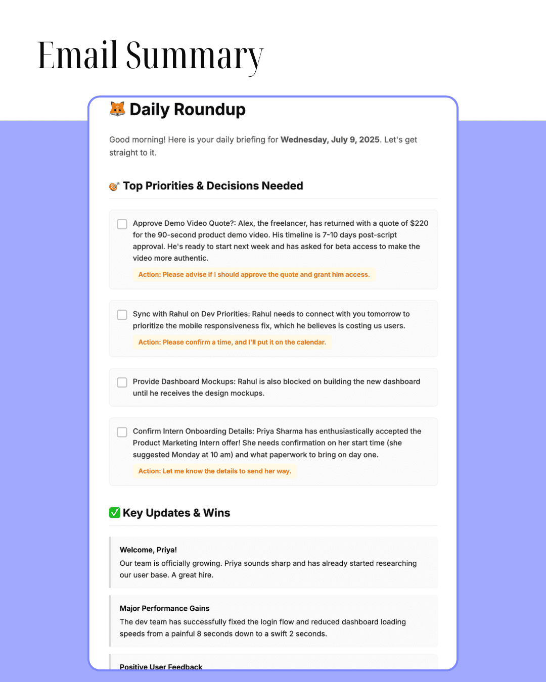 Identifies work-related emails → extracts key details → creates daily task list